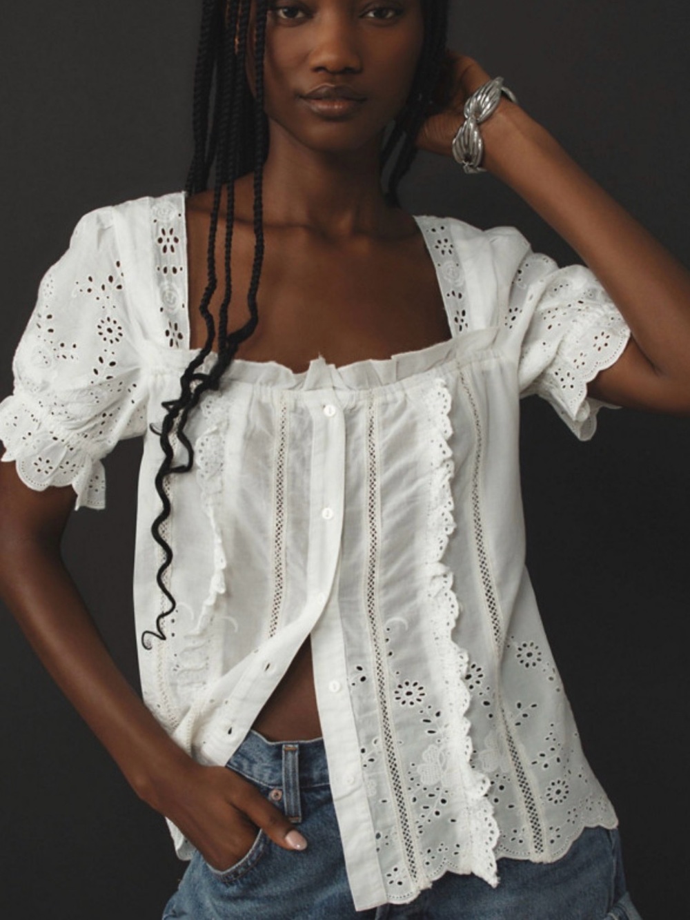 Anthropologie White Eyelet Ruffle-Trim Square Neck Blouse